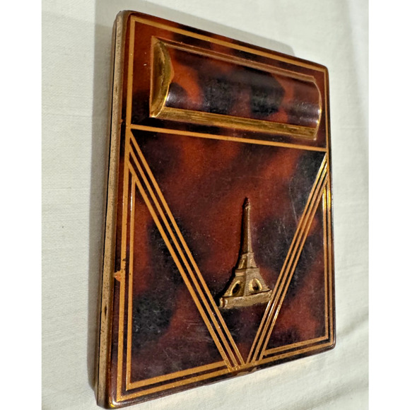 Vintage Eiffel Tower Powder Compact Tortoise Made In France Art Deco w Mirror - Picture 4 of 10